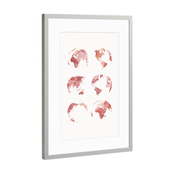 Poster mit Rahmen Silber "World map in watercolor pink" artboxONE - Kartografie - World,Map,Worldmap,World map,Weltkarte