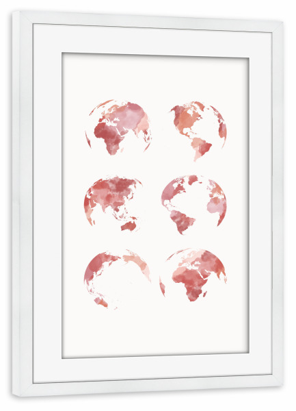 Poster mit Rahmen weiß "World map in watercolor pink" artboxONE - Kartografie - World,Map,Worldmap,World map,Weltkarte