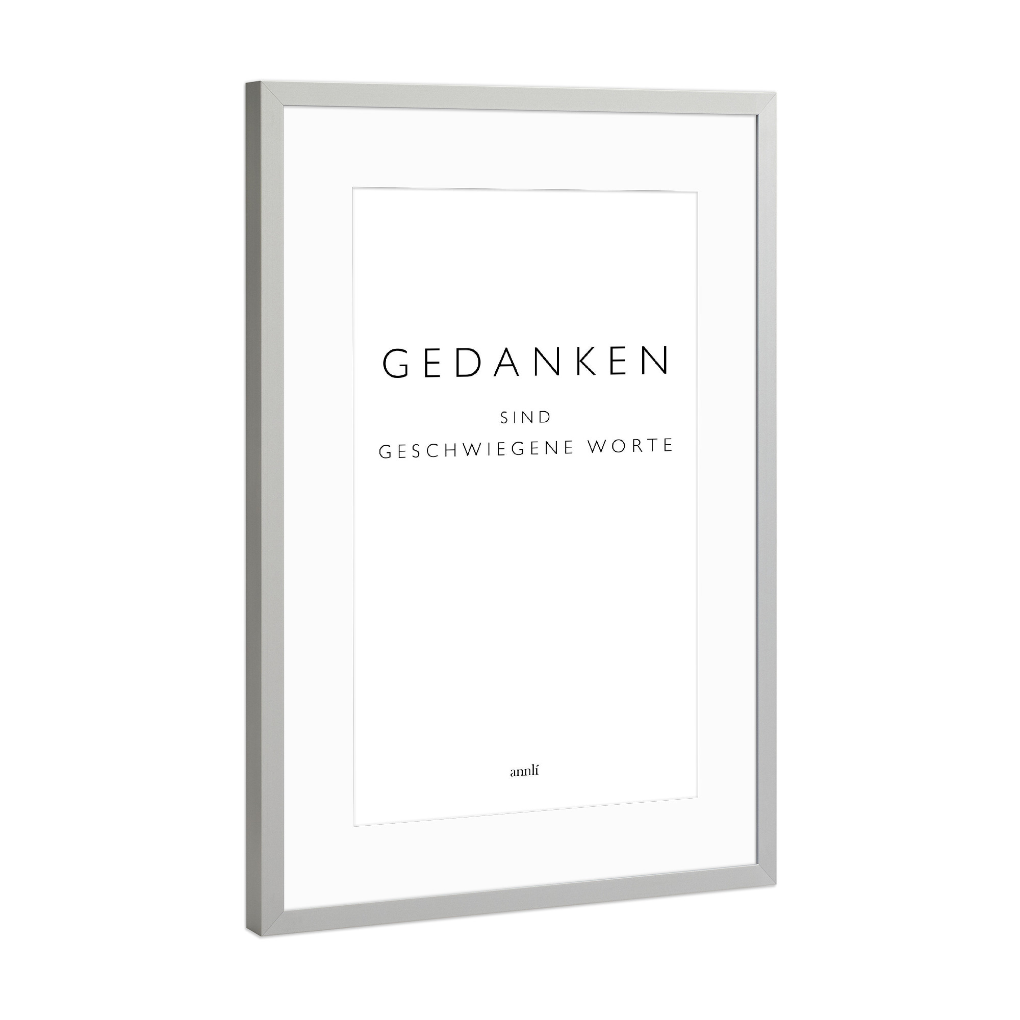 Poster mit Rahmen Silber "Gedanken sind geschwiegene Worte" artboxONE - Typografie,Schwarzweiß - Gedanken,Schweigen,Worte,Hinterfragen