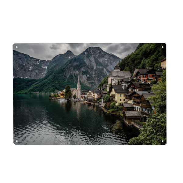 Metall Poster "Hallstatt" artboxONE - Reise - See,Hallstatt,Berge - Blechschild