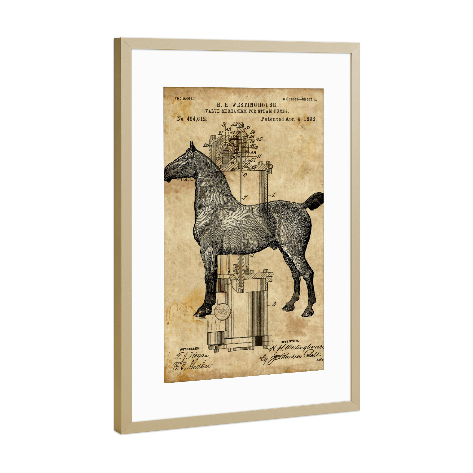 Poster mit Rahmen Gold "Steampunk Hengst" artboxONE - Tiere - Pferd,Steampunk,Vintage,Retro,Hengst