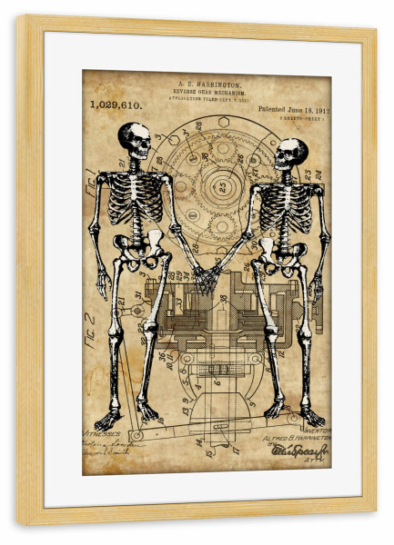 Poster mit Rahmen kiefer "Skelett Love" artboxONE - Menschen - Skelett,Steampunk,Patent,Schädel,Anatomie