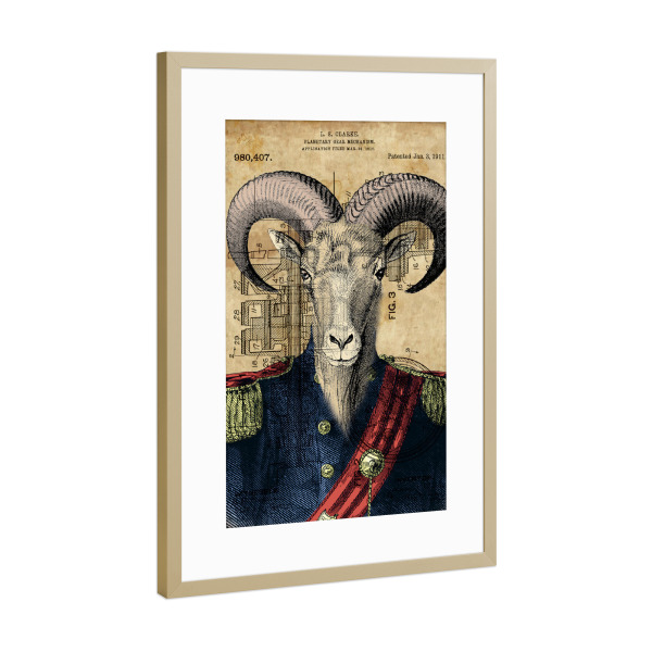 Poster mit Rahmen Gold "Steampunk Ziege in Uniform" artboxONE - Tiere - Steampunk,Ziege,Armee