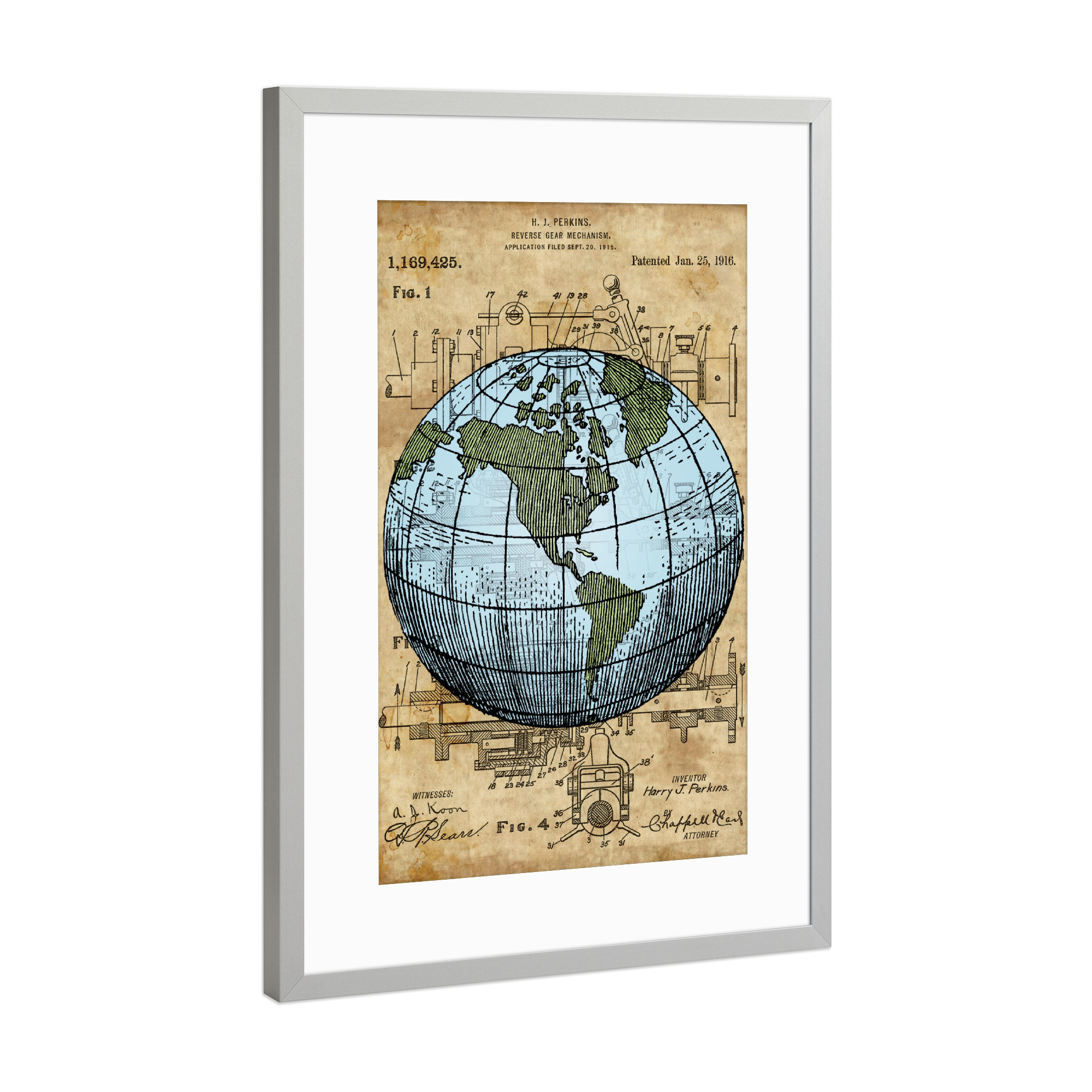 Poster mit Rahmen Silber "Steampunk Globus" artboxONE - Reise - Erde,Geografie,Retro,Vintage