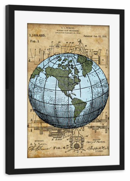 Poster mit Rahmen schwarz "Steampunk Globus" artboxONE - Reise - Erde,Geografie,Retro,Vintage