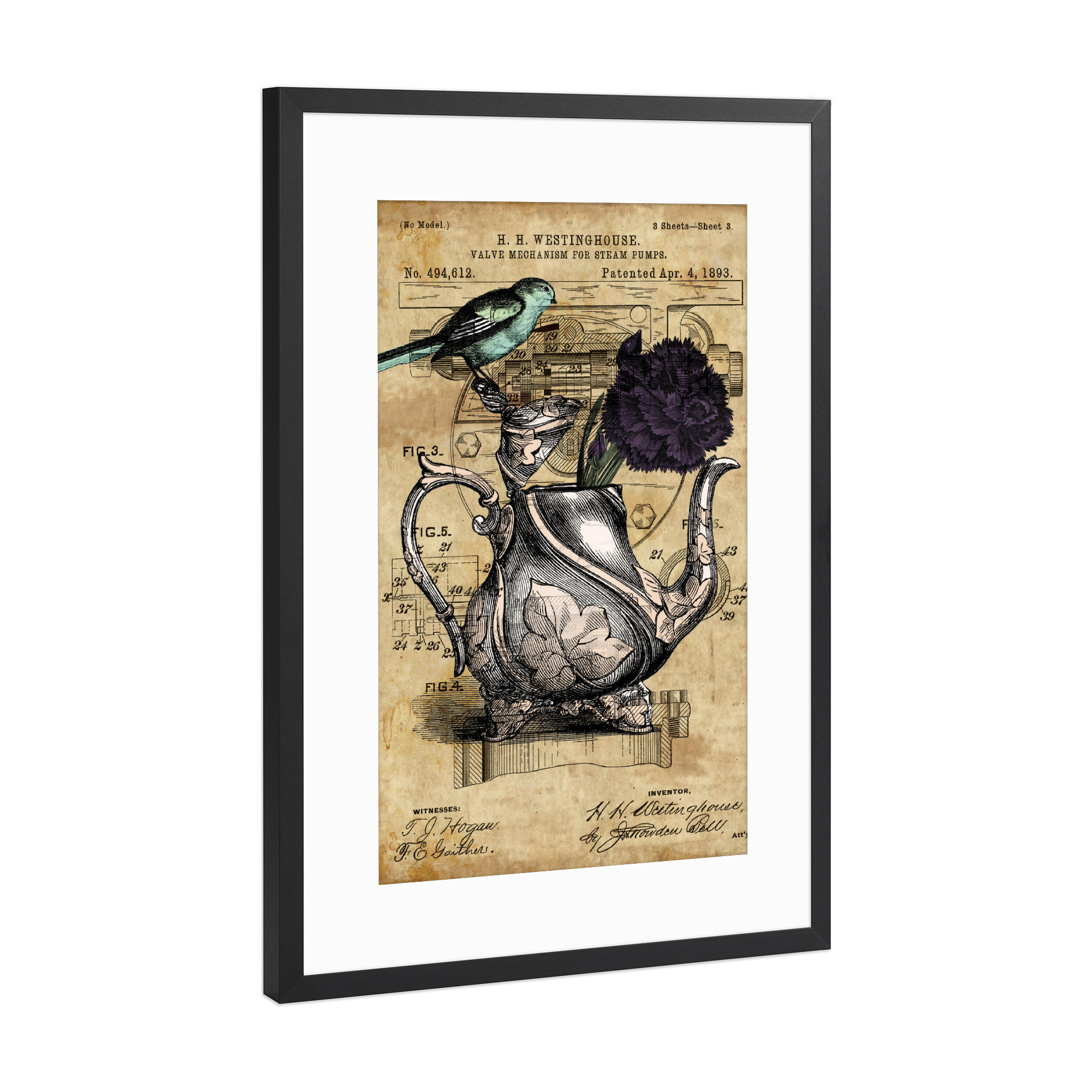 Poster mit Rahmen Schwarz (Metallic) "Vogel auf einer Teekanne" artboxONE - Tiere - Vogel,Steampunk,Retro,Vintage,Teekanne