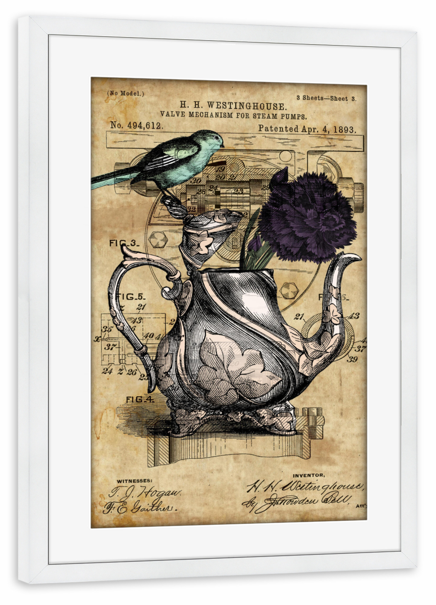 Poster mit Rahmen weiß "Vogel auf einer Teekanne" artboxONE - Tiere - Vogel,Steampunk,Retro,Vintage,Teekanne