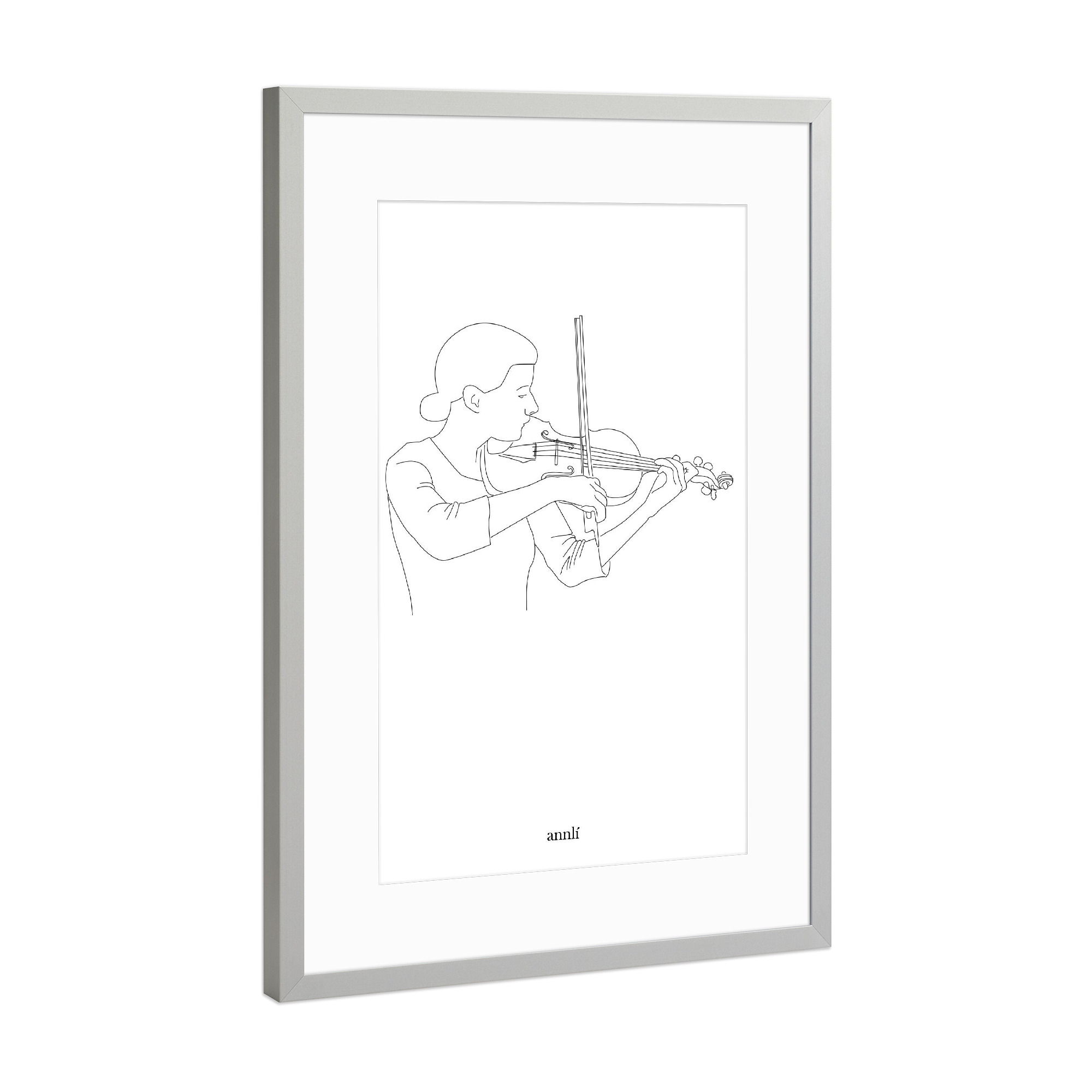 Poster mit Rahmen Silber "Violinistin Linienzeichnung" artboxONE - Schwarzweiß,Musik - Geige,Violine,Instrument,Musik