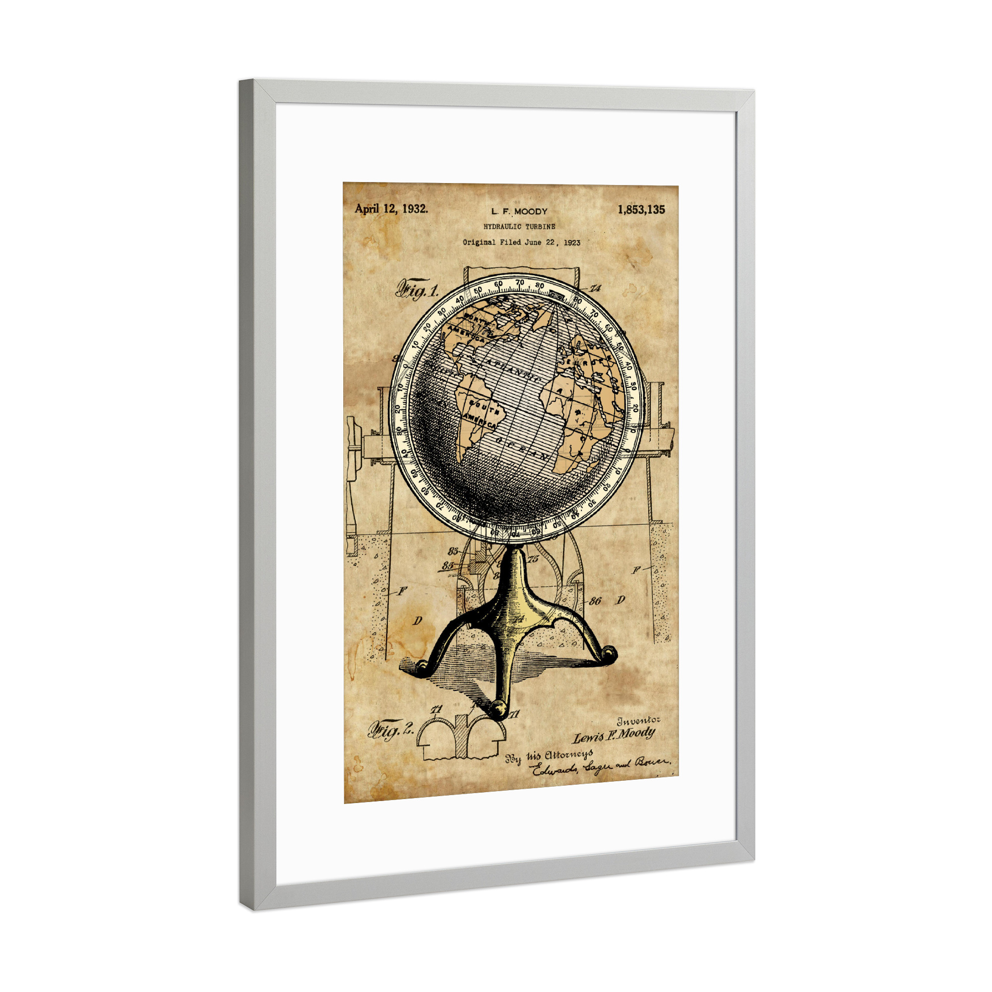 Poster mit Rahmen Silber "Viktorianisch Globus" artboxONE - Reise - Erde,Geografie,Retro,Vintage,Patent,Steampunk,Globus
