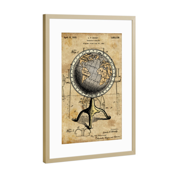 Poster mit Rahmen Gold "Viktorianisch Globus" artboxONE - Reise - Erde,Geografie,Retro,Vintage,Patent,Steampunk,Globus