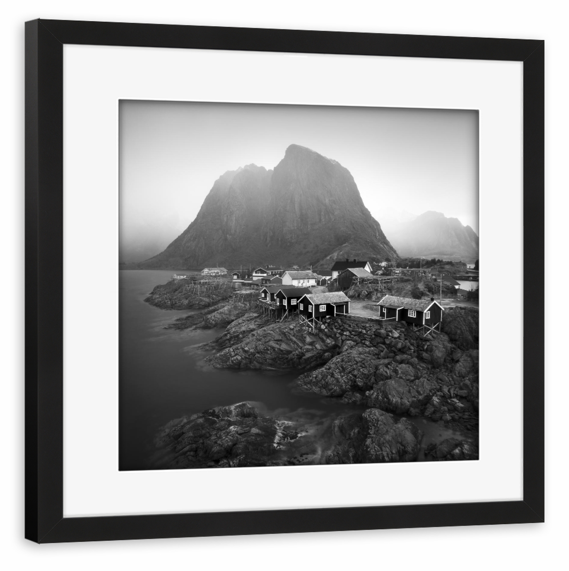 Poster mit Rahmen schwarz "Blick auf Hamnøy, Lofoten" artboxONE - Städte,Natur,Architektur - Lofoten,Norwegen,Skandinavien,Berg,Berge,Meer,Felsen