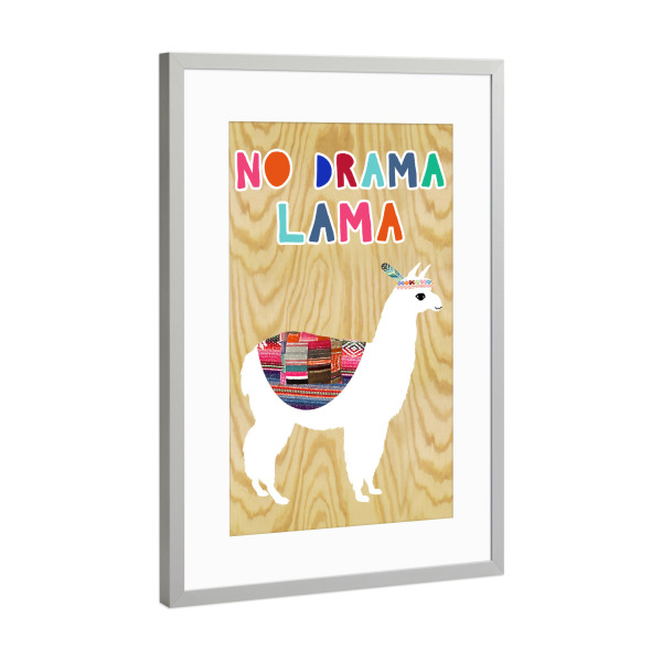 Poster mit Rahmen Silber "No drama Lama" artboxONE - Tiere - No drama lama,Holz,Vintage,Alpaka