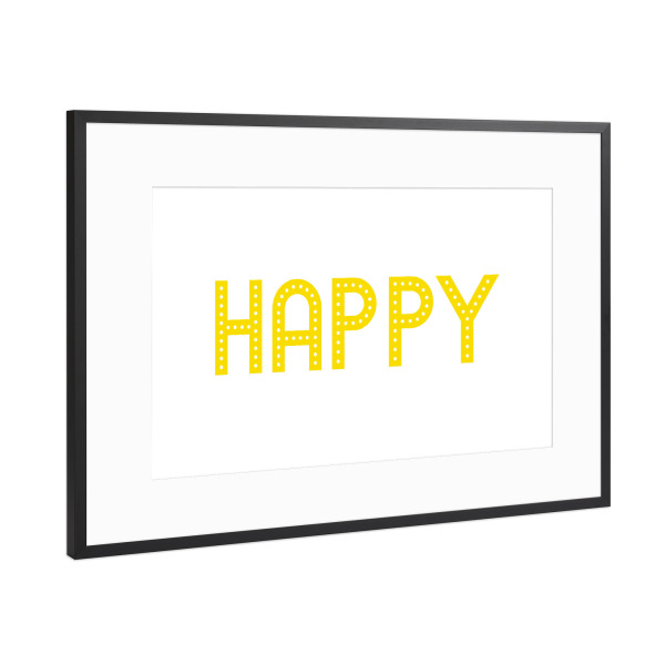 Poster mit Rahmen Schwarz (Metallic) "HAPPY yellow" artboxONE - Typografie,Für Kinder,Musik,Liebe,Für Mama,Für Papa,Festivals - Happy,Positive