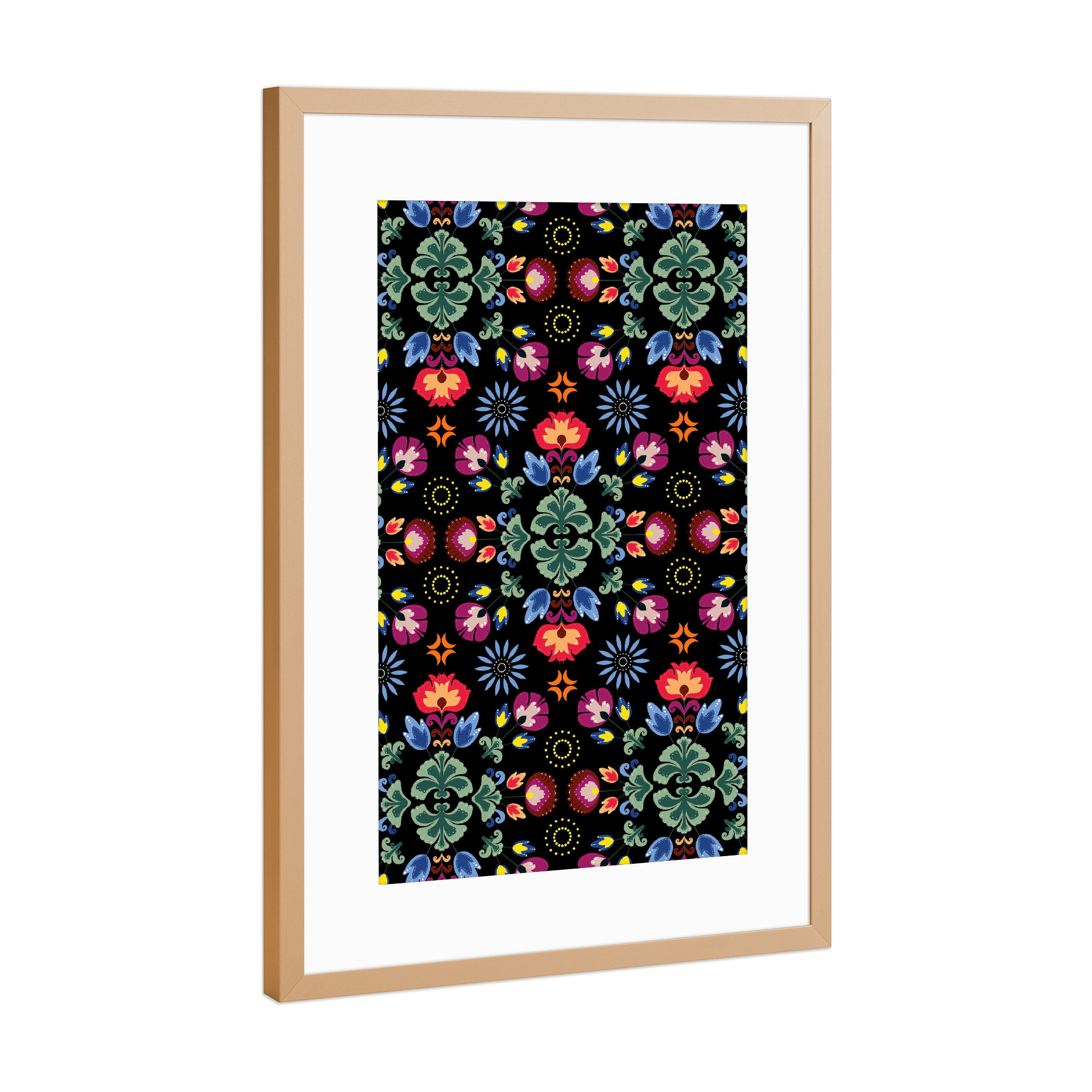 Poster mit Rahmen Kupfer "Fiesta Folk Black" artboxONE - Floral - Ornament,Traditional,Flowers