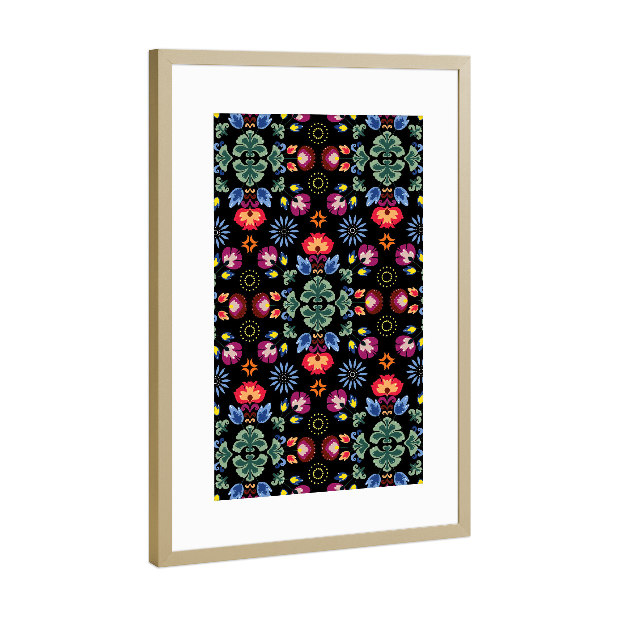 Poster mit Rahmen Gold "Fiesta Folk Black" artboxONE - Floral - Ornament,Traditional,Flowers