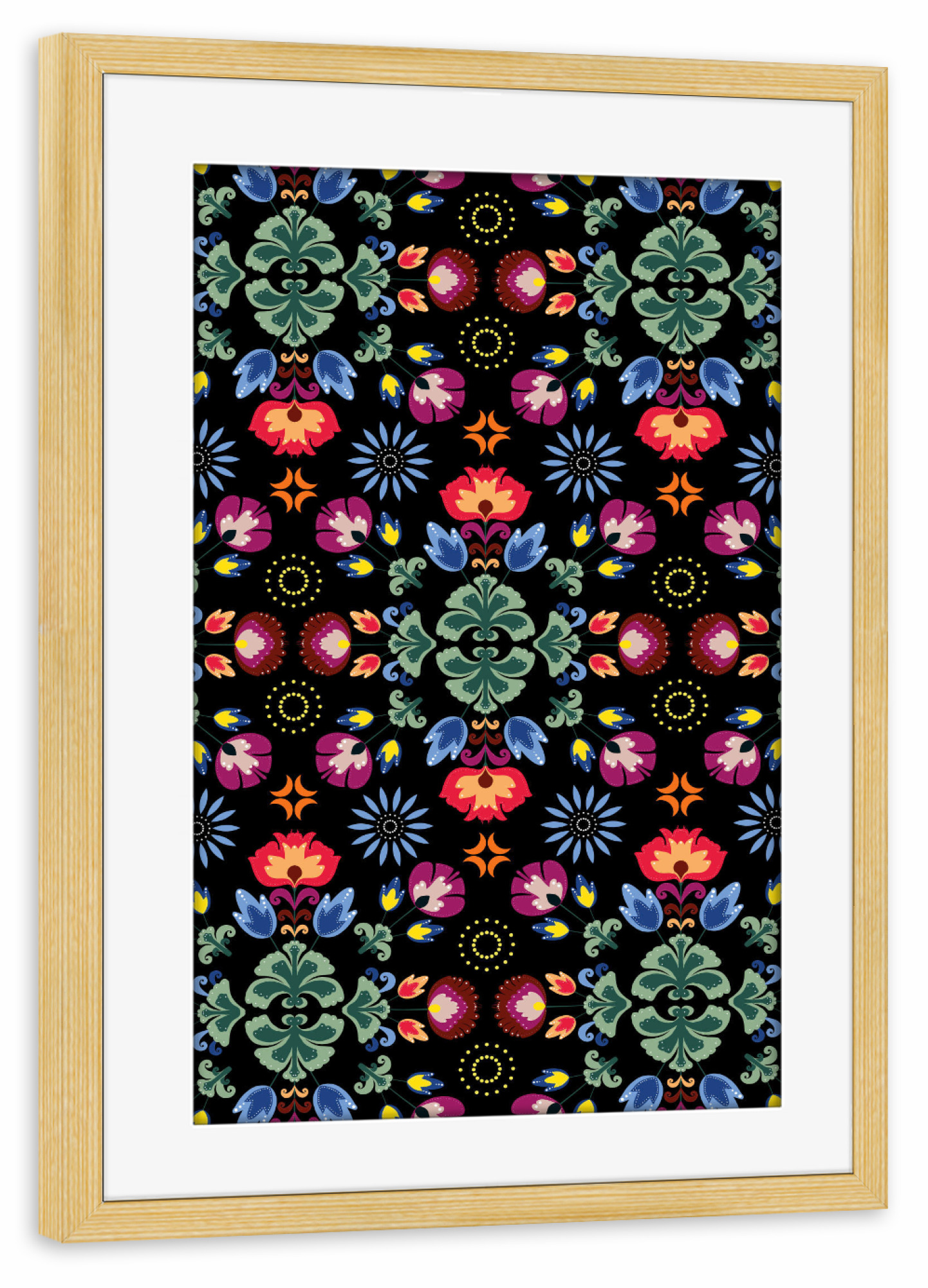 Poster mit Rahmen kiefer "Fiesta Folk Black" artboxONE - Floral - Ornament,Traditional,Flowers