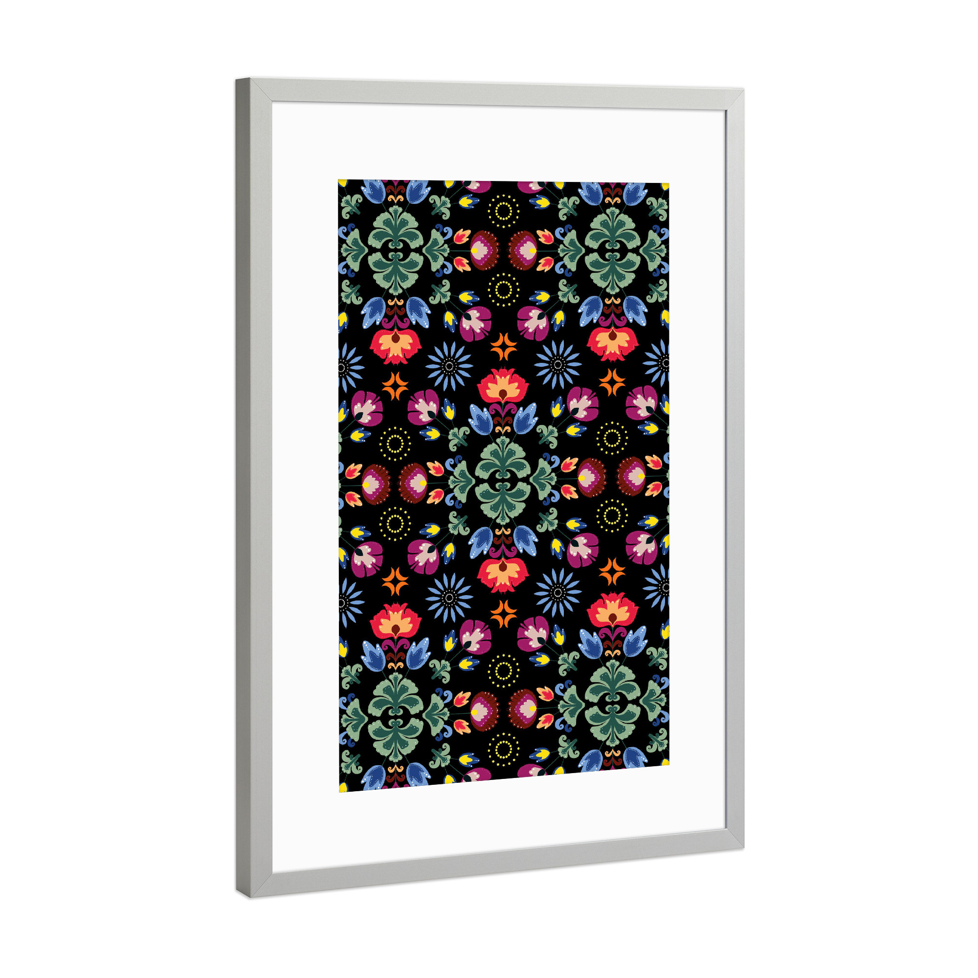 Poster mit Rahmen Silber "Fiesta Folk Black" artboxONE - Floral - Ornament,Traditional,Flowers