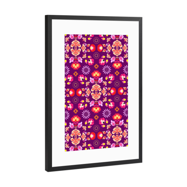 Poster mit Rahmen Schwarz (Metallic) "Fiesta Folk Purple" artboxONE - Floral - Ornament,Traditional,Flowers