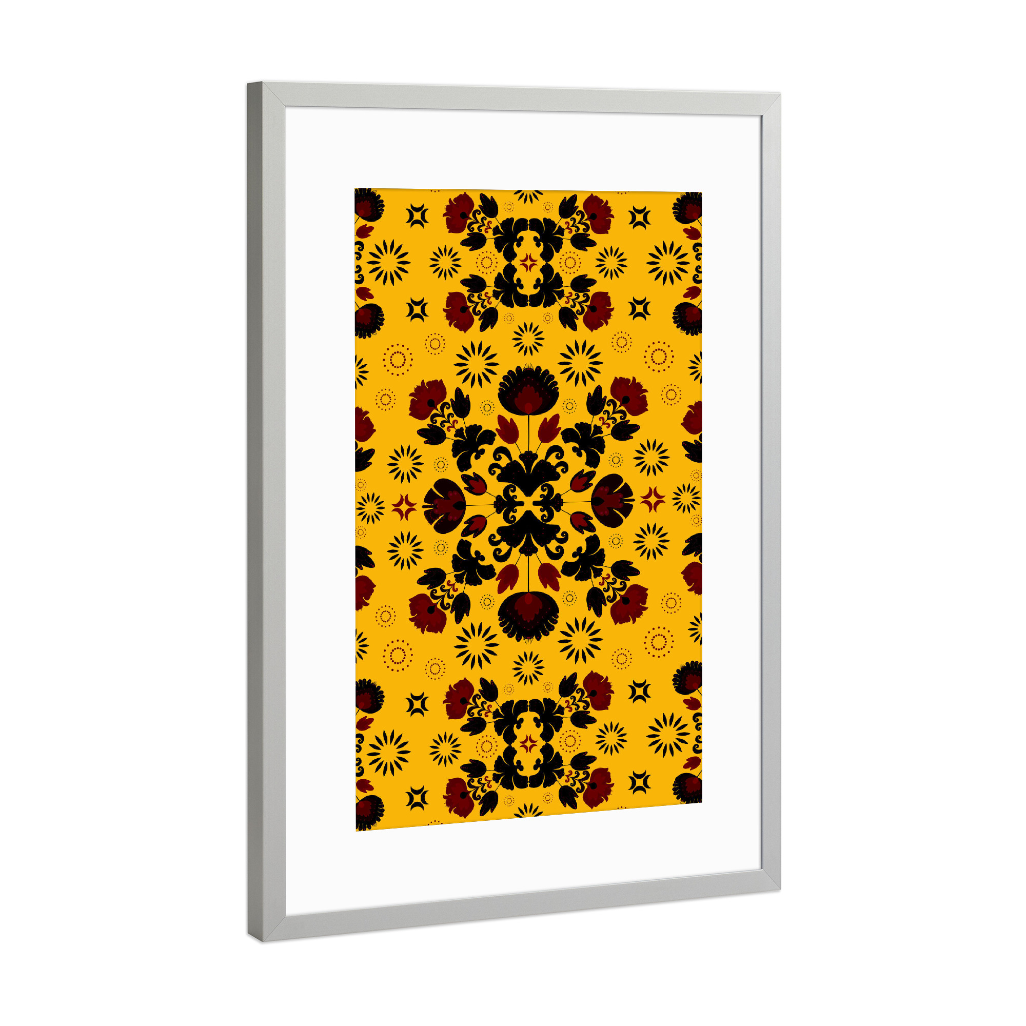 Poster mit Rahmen Silber "Fiesta Folk Yellow" artboxONE - Floral - Ornament,Traditional,Flowers