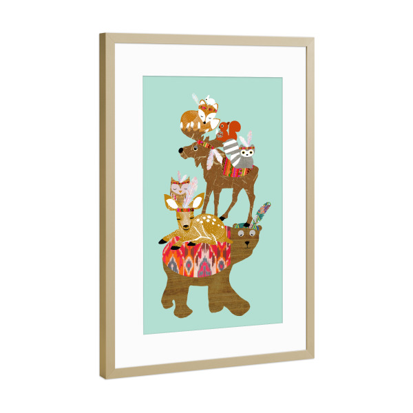 Poster mit Rahmen Gold "Gestapelte Indianer Tiere" artboxONE - Für Kinder - Tiere