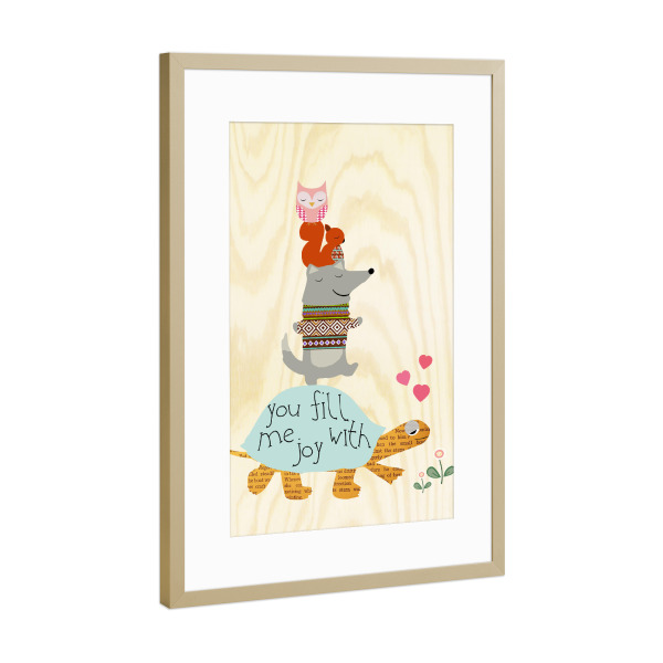 Poster mit Rahmen Gold "Tierpyramide mit Schildkröte" artboxONE - Für Kinder - Tiere,Schildkröte,Maus,Eule