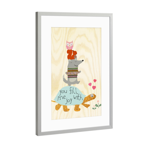 Poster mit Rahmen Silber "Tierpyramide mit Schildkröte" artboxONE - Für Kinder - Tiere,Schildkröte,Maus,Eule