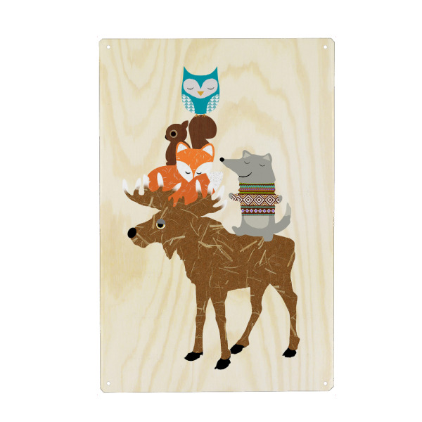 Metall Poster "Gestapelte Tiere mit Elch" artboxONE - Für Kinder - Elch,Wolf,Eule,Eichhörnchen,Kinder,Tiere - Blechschild