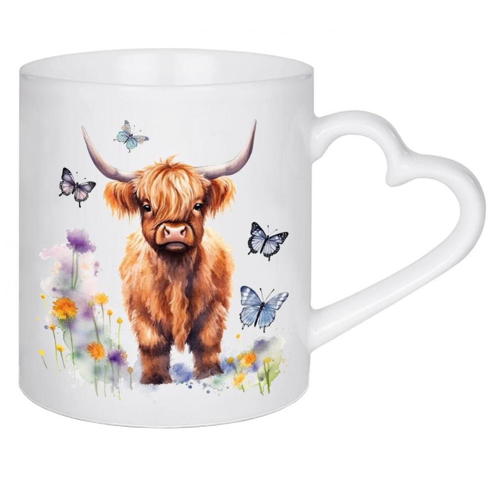 Herztasse "Hochlandkuh V" artboxONE - Natur,Floral,Tiere - Kuh,Rind,Hochland,Niedlich,Natur,Blumen,Blumen,Insekten,Schmetterlinge,Aquarell
