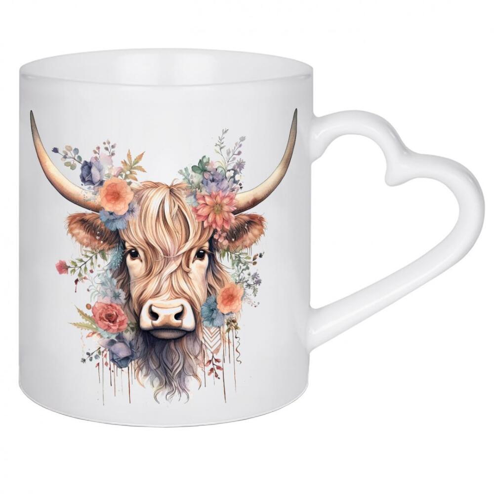 Herztasse "Hochlandkuhgesicht K" artboxONE - Natur,Floral,Tiere - Aquarell,Niedlich,Hochland,Kuh,Rind,Blumen,Blume,Natur,Hochlandrind