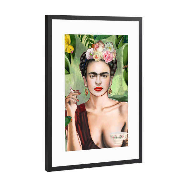 Poster mit Rahmen Schwarz (Metallic) "Frida con amigos" artboxONE - Menschen,Fiktion - Frida kahlo,Dschungel,Frida,Kahlo,Frau,Bunt