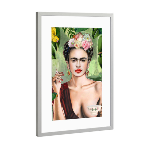 Poster mit Rahmen Silber "Frida con amigos" artboxONE - Menschen,Fiktion - Frida kahlo,Dschungel,Frida,Kahlo,Frau,Bunt