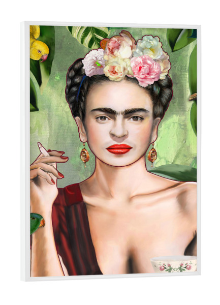 Poster mit weißem Rahmen "Frida con amigos" artboxONE - Menschen,Fiktion - Frida kahlo,Dschungel,Frida,Kahlo,Frau,Bunt