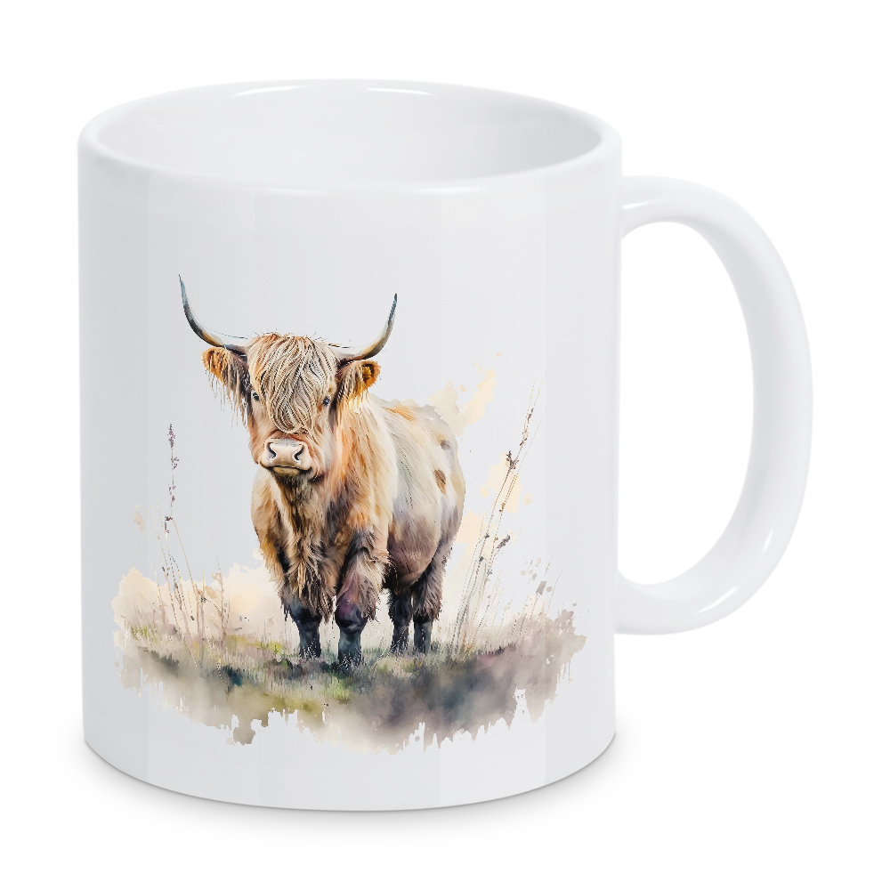 Tasse "Highland Cow Field E" artboxONE - Natur,Tiere - Kuh,Rinder,Tiere,Hochland,Feld,Natur,Landschaft,Aquarell