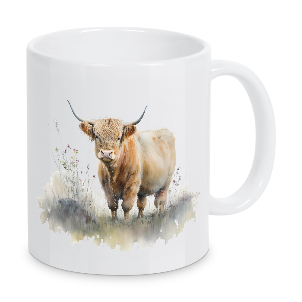 Tasse "Hochlandkuhfeld I" artboxONE - Natur,Tiere - Hochland,Kuh,Rinder,Tiere,Natur,Landschaft,Feld,Aquarell