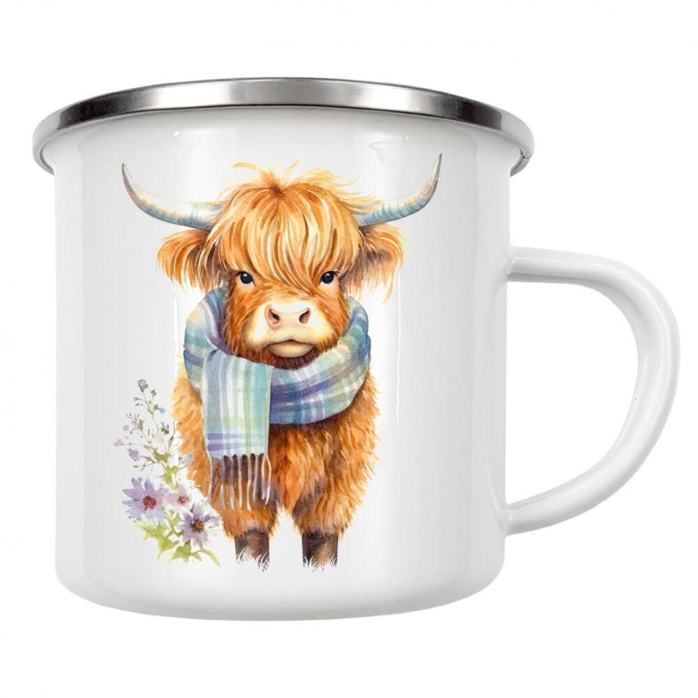 Emaille Tasse "Highland Cow Schal A" artboxONE - Für Kinder,Tiere - Hochland,Kuh,Rind,Niedlich,Schal,Winter,Blumen,Blume,Baby,Kinder