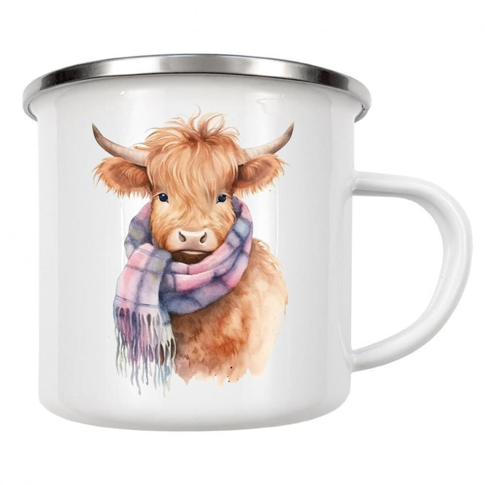 Emaille Tasse "Highland Cow Schal" artboxONE - Tiere - Hochland,Kuh,Rind,Niedlich,Kinder,Kindergarten,Baby,Schal,Winter