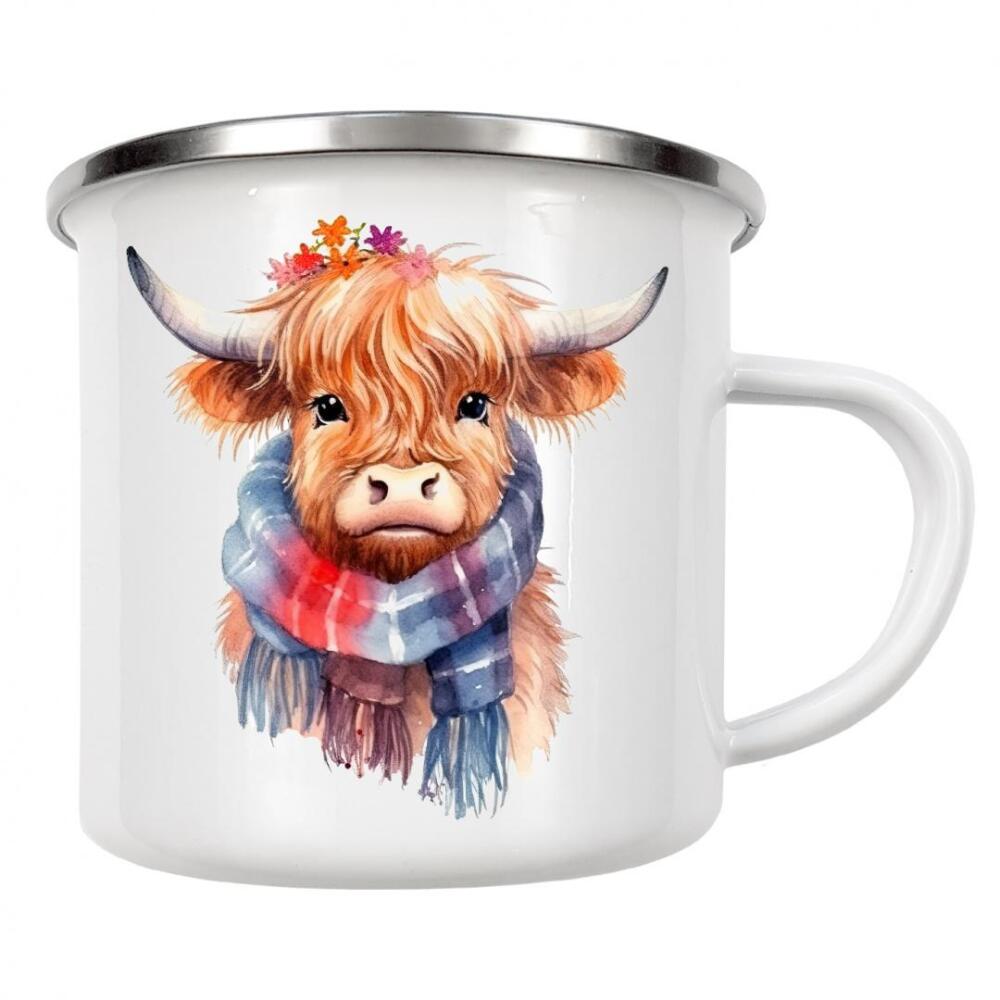 Emaille Tasse "Highland Cow Schal G" artboxONE - Tiere - Kuh,Rinder,Schal,Niedlich,Tiere,Kinder,Kindergarten,Baby,Winter,Herbst