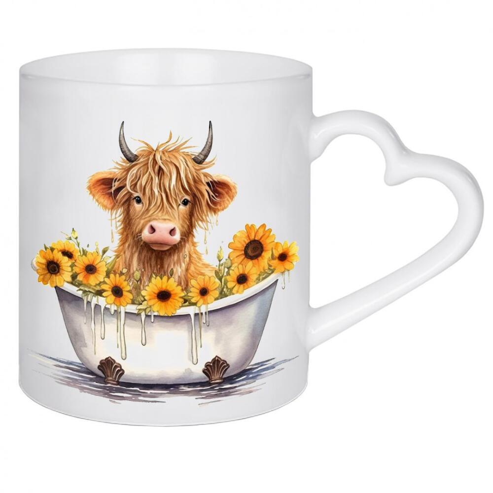 Herztasse "Highland Cow Tub C" artboxONE - Floral,Für Kinder,Tiere - Bad,Kuh,Rinder,Hochland,Wanne,Niedlich,Blumen,Blumen,Sonnenblumen