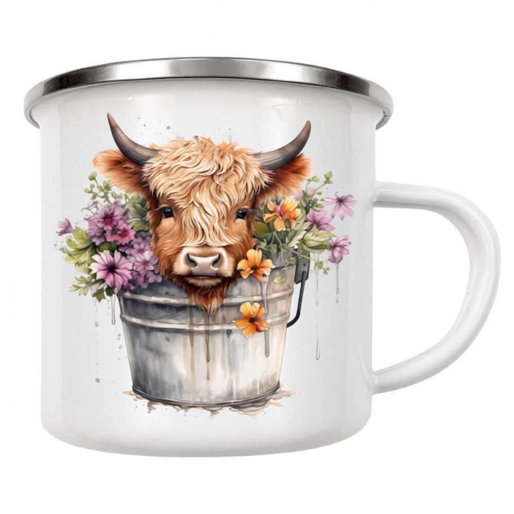 Emaille Tasse "Highland Cow Wanne L" artboxONE - Floral,Tiere - Tiere,Kuh,Hochland,Niedlich,Wanne,Bad,Blumen,Blume