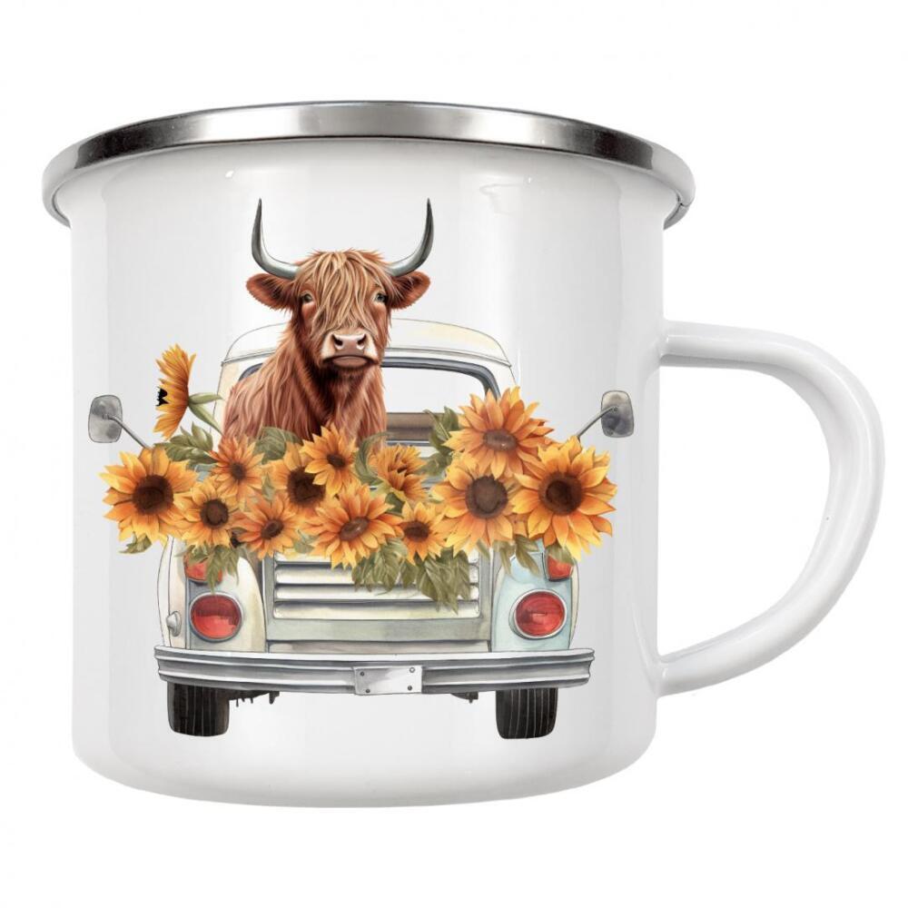 Emaille Tasse "Highland Cow Truck C" artboxONE - Floral,Tiere,Automobile - Hochland,Kuh,Rinder,Automobil,Pickup,Blumen,Blumen,Sonnenblumen,Lkw