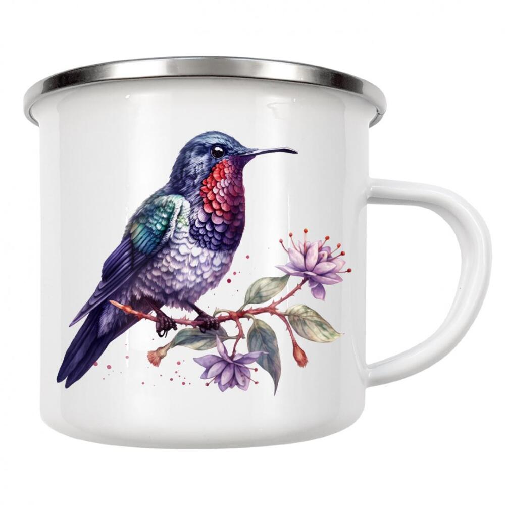 Emaille Tasse "Kolibri O" artboxONE - Natur,Floral,Tiere - Tiere,Vogel,Kolibri,Natur,Blumen,Blume,Bäume,Bunt,Aquarell