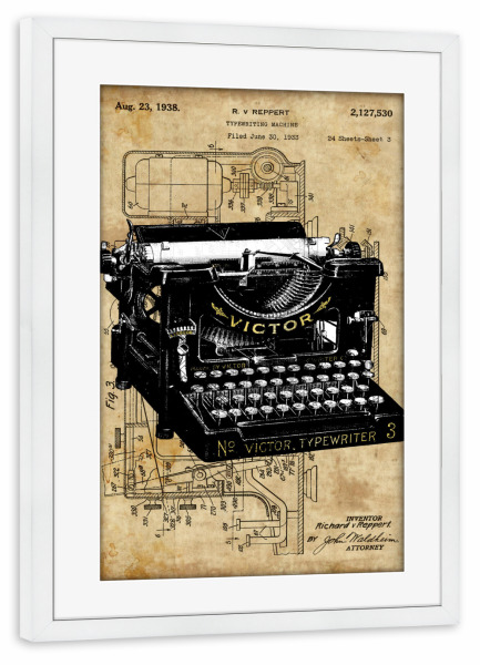 Poster mit Rahmen weiß "Steampunk Schreibmaschine" artboxONE - Typografie - Schreibmaschine,Vintage,Antik,Steampunk,Entwurf,Retro