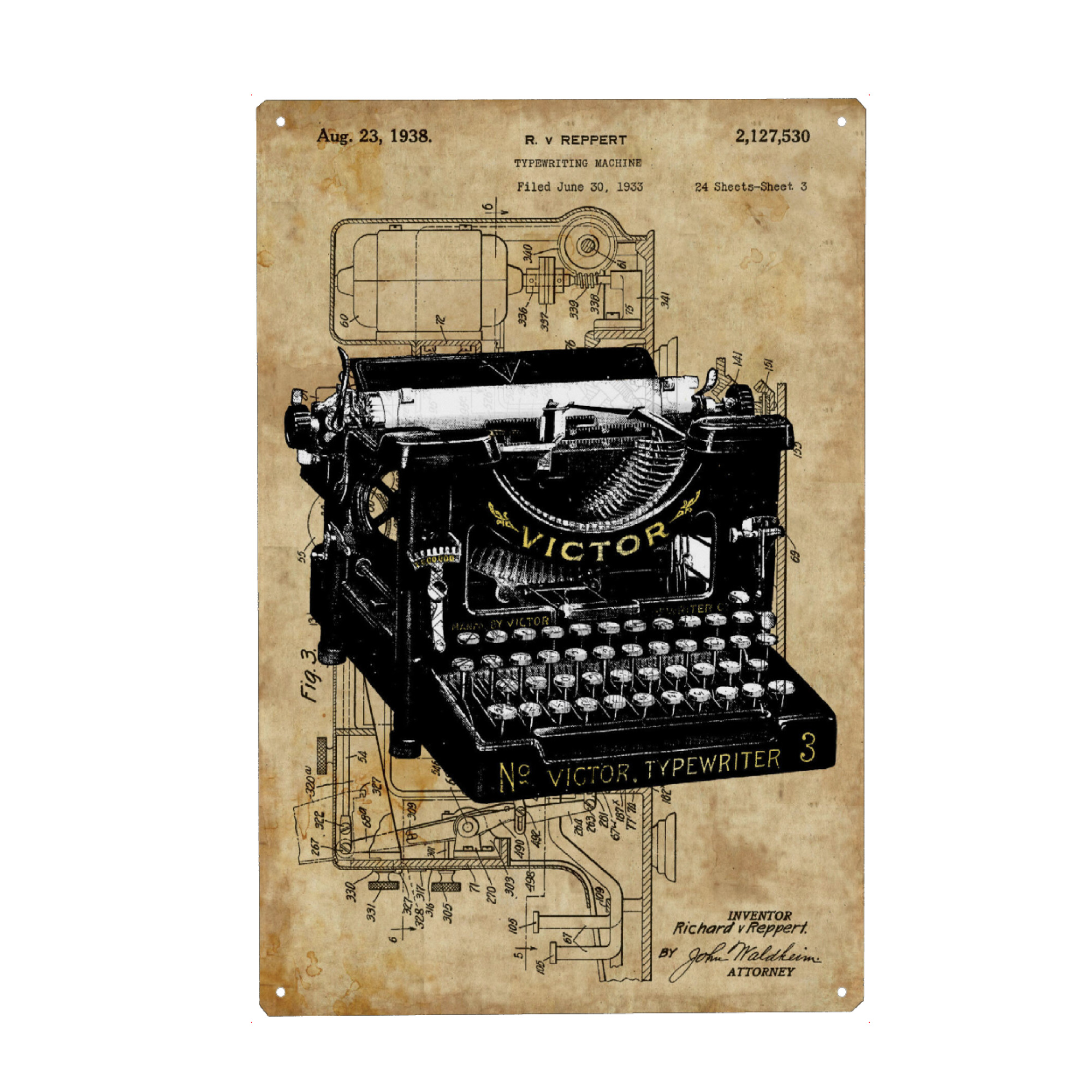 Holzbild "Steampunk Schreibmaschine" artboxONE - Typografie - Schreibmaschine,Vintage,Antik,Steampunk,Entwurf,Retro