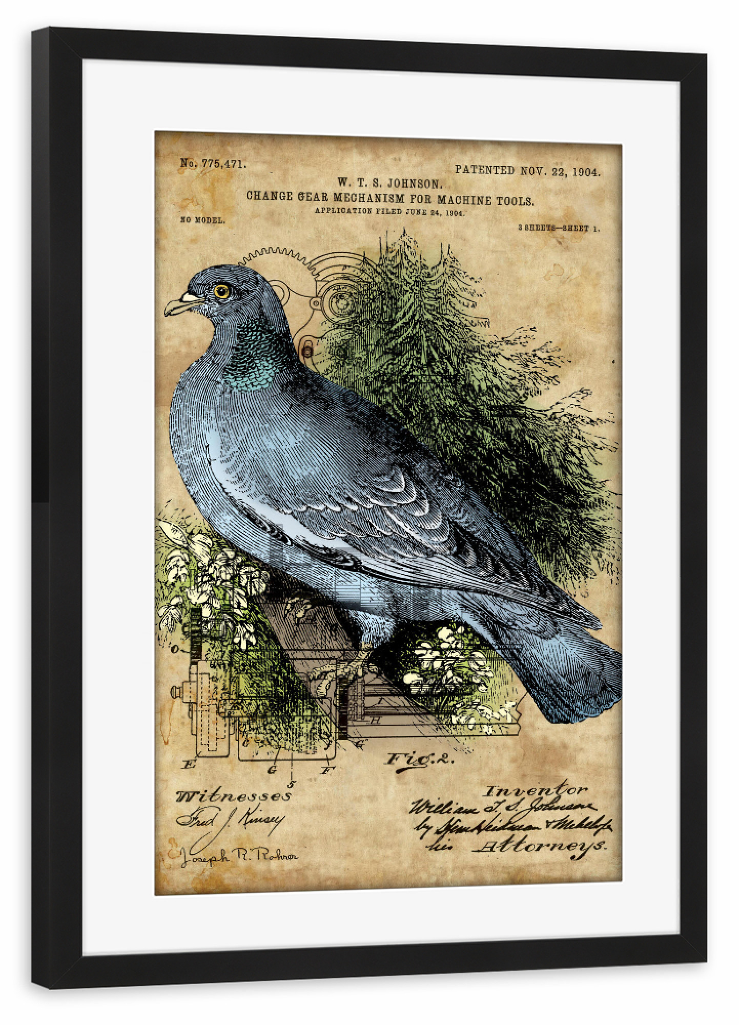 Poster mit Rahmen schwarz "Steampunk Wildtaube" artboxONE - Tiere - Wildtaube,Taube,Tier,Vogel,Natur,Steampunk,Vintage,Retro,Antik