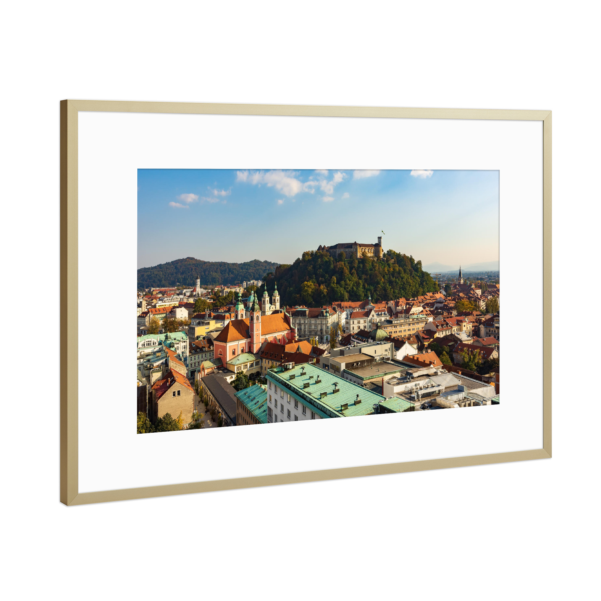 Poster mit Rahmen Gold "Ljubljana in Slowenien" artboxONE - Städte,Reise / Länder - Stadt,Burg,Slowenien,Ljubljana,Altstadt,Architektur,Leibach
