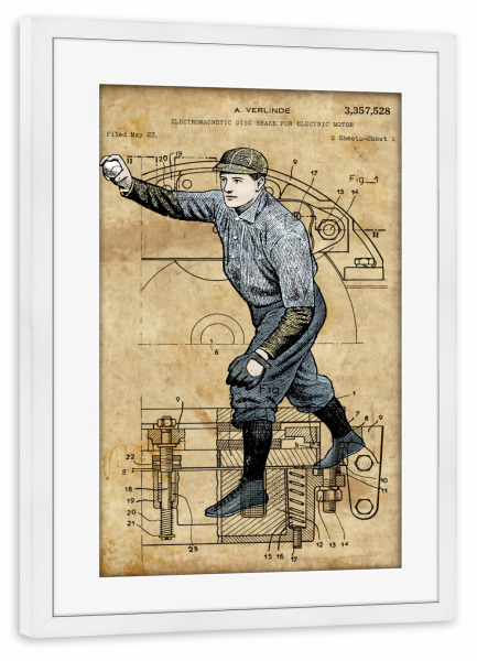 Poster mit Rahmen weiß "Steampunk Baseball Pitcher" artboxONE - Sport - Baseball,Sport,Steampunk,Vintage,Antik,Retro,Entwurf