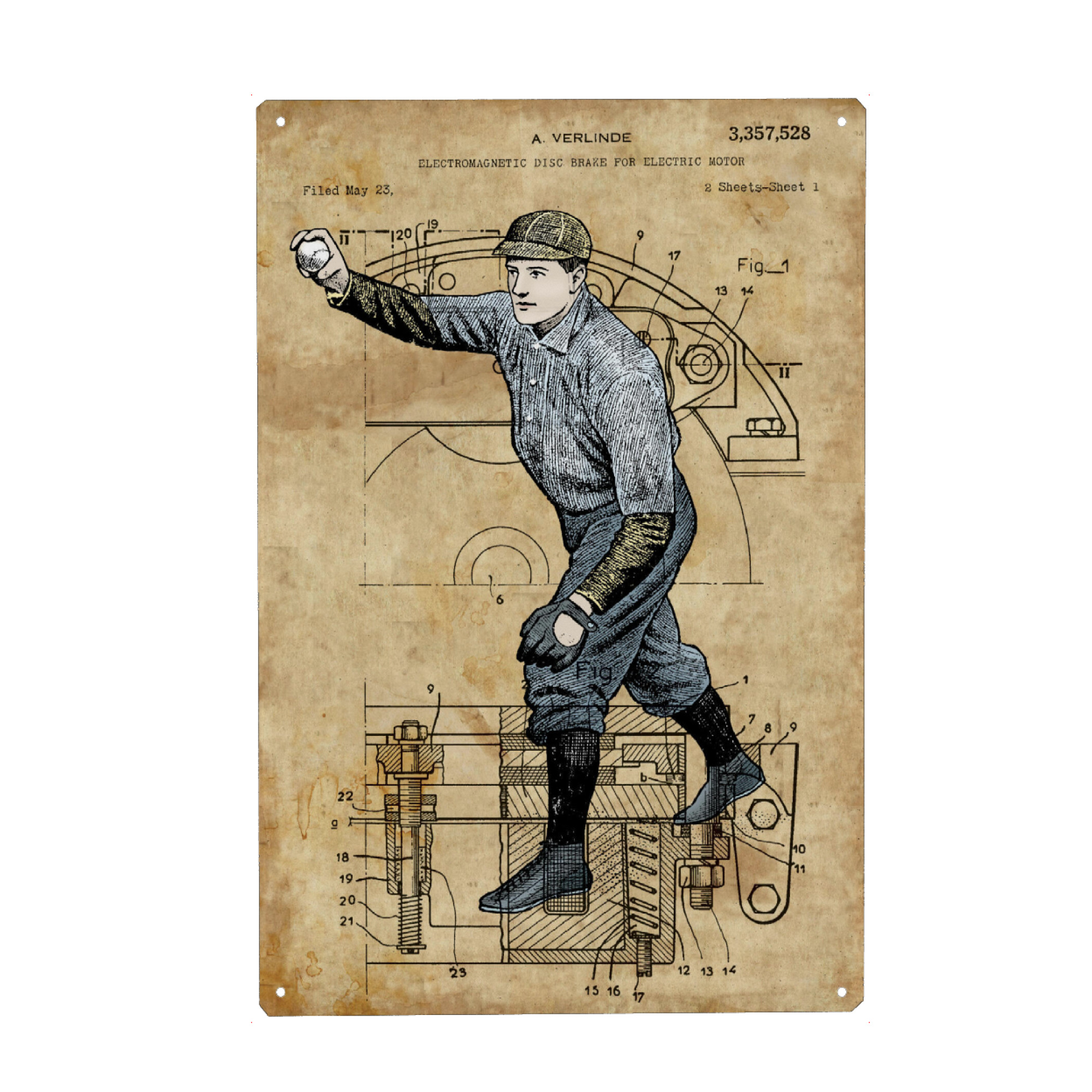 Holzbild "Steampunk Baseball Pitcher" artboxONE - Sport - Baseball,Sport,Steampunk,Vintage,Antik,Retro,Entwurf