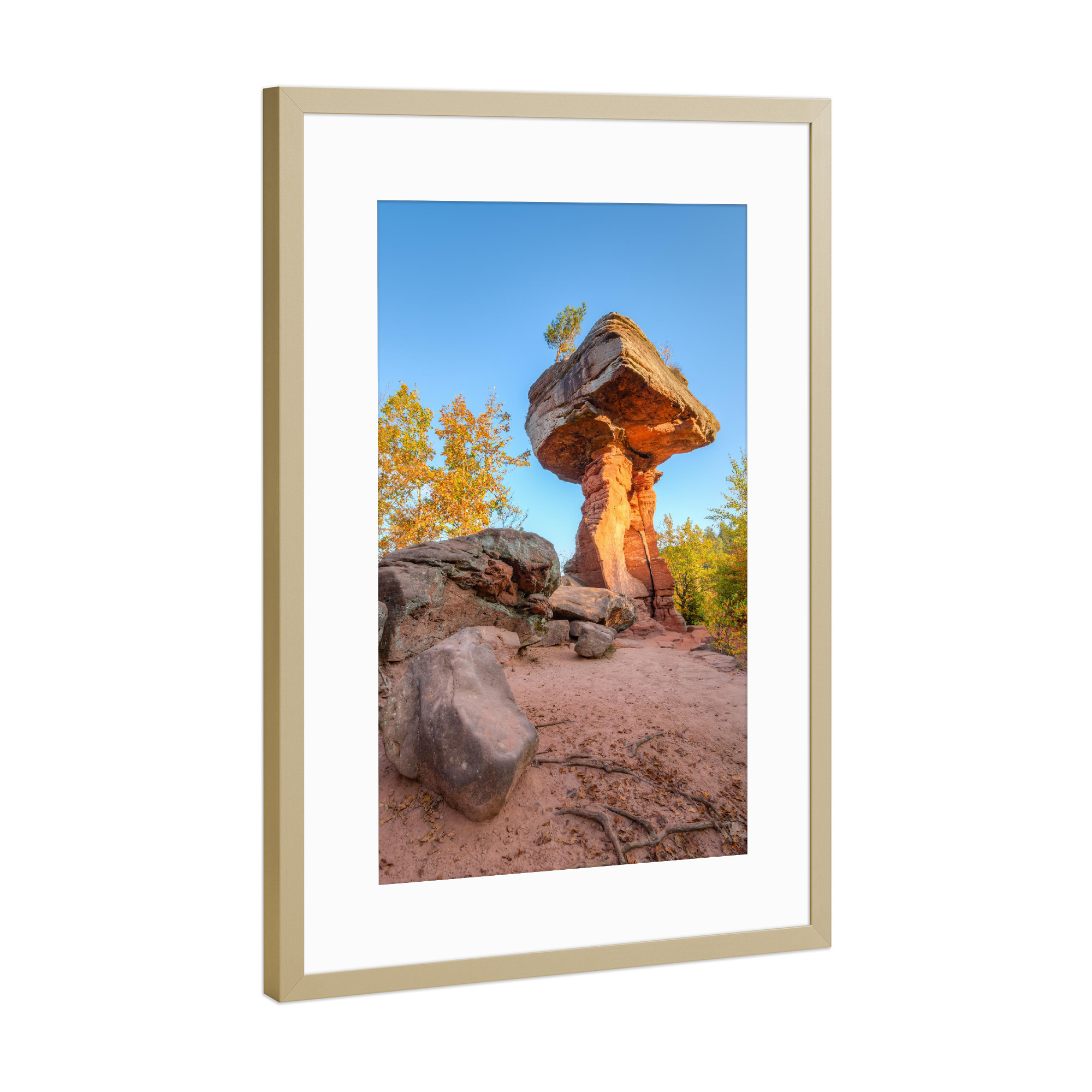 Poster mit Rahmen Gold "Teufelstisch" artboxONE - Natur,Reise - Rheinland-pfalz,Pfälzerwald,Hinterweidenthal,Teufelstisch,Felsen,Natur,Herbst