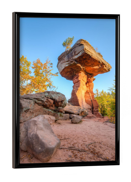 Poster mit schwarzem Rahmen "Teufelstisch" artboxONE - Natur,Reise - Rheinland-pfalz,Pfälzerwald,Hinterweidenthal,Teufelstisch,Felsen,Natur,Herbst