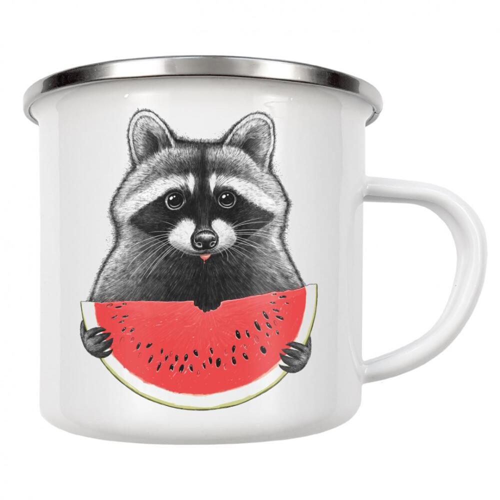 Emaille Tasse "Waschbär frisst Wassermelone" artboxONE - Tiere,Essen & Trinken,Lustig